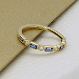 18ct Yellow Gold Baguette Sapphire & Round Diamond Milgrain Half Eternity Ring