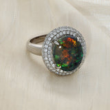 Pre-Owned 18ct White Gold Black Opal and Diamond Halo Cluster Ring