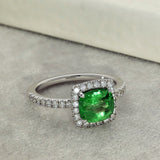18ct White Gold Green Tsavorite Garnet & Diamond Halo Shoulders Ring