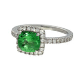 18ct White Gold Green Tsavorite Garnet & Diamond Halo Shoulders Ring