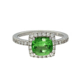 18ct White Gold Green Tsavorite Garnet & Diamond Halo Shoulders Ring