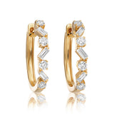 18ct Yellow Gold Baguette & Round Mix-Cut Diamond Huggie Hoop Earrings 14mm