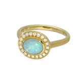 9ct Yellow Gold 0.76ct Oval Opal East/West Rub-over Set Diamond Halo Ring