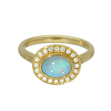 9ct Yellow Gold 0.76ct Oval Opal East/West Rub-over Set Diamond Halo Ring