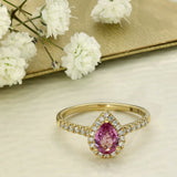 18ct Yellow Gold Pear Cut Pink Sapphire and Diamond Halo Shoulders Ring