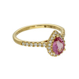 18ct Yellow Gold Pear Cut Pink Sapphire and Diamond Halo Shoulders Ring
