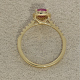 18ct Yellow Gold Pear Cut Pink Sapphire and Diamond Halo Shoulders Ring