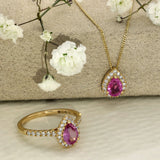18ct Yellow Gold Pear Cut Pink Sapphire and Diamond Halo Shoulders Ring