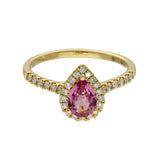 18ct Yellow Gold Pear Cut Pink Sapphire and Diamond Halo Shoulders Ring