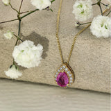 18ct Yellow Gold Pear Cut Pink Sapphire and Diamond Halo Teardrop Necklace