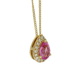 18ct Yellow Gold Pear Cut Pink Sapphire and Diamond Halo Teardrop Necklace