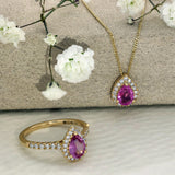 18ct Yellow Gold Pear Cut Pink Sapphire and Diamond Halo Teardrop Necklace