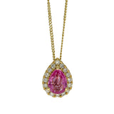 18ct Yellow Gold Pear Cut Pink Sapphire and Diamond Halo Teardrop Necklace
