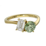 18ct Yellow Gold Laboratory-Grown Green Round & White Emerald Cut Diamond Toi et Moi Ring