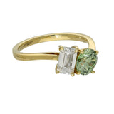 18ct Yellow Gold Laboratory-Grown Green Round & White Emerald Cut Diamond Toi et Moi Ring