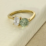 18ct Yellow Gold Laboratory-Grown Green Round & White Emerald Cut Diamond Toi et Moi Ring
