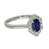 Platinum 0.83ct Oval Sapphire and Diamond Scallop Edge Halo Ring