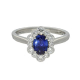 Platinum 0.83ct Oval Sapphire and Diamond Scallop Edge Halo Ring