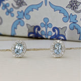 18ct White Gold Oval Aquamarine & Diamond Halo Stud Earrings