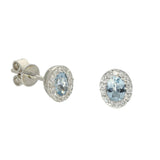 18ct White Gold Oval Aquamarine & Diamond Halo Stud Earrings