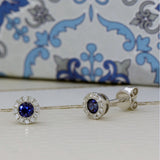 18ct White Gold 5mm Sapphire & Diamond Round Halo Stud Earrings