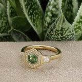 18ct Yellow Gold Green Sapphire Hexagonal Halo Ring with Trapeze Cut Diamond Shoulders
