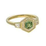 18ct Yellow Gold Green Sapphire Hexagonal Halo Ring with Trapeze Cut Diamond Shoulders