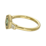 18ct Yellow Gold Green Sapphire Hexagonal Halo Ring with Trapeze Cut Diamond Shoulders