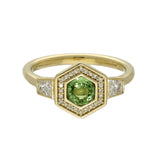 18ct Yellow Gold Green Sapphire Hexagonal Halo Ring with Trapeze Cut Diamond Shoulders