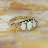 Vintage 18ct Yellow Gold Oval Opal 3 Stone Ring With Antique Diamonds