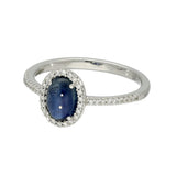 9ct White Gold Oval Cabochon Sapphire With Diamond Halo & Shoulders Ring
