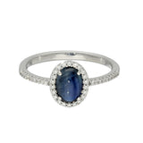 9ct White Gold Oval Cabochon Sapphire With Diamond Halo & Shoulders Ring