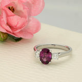 9ct White Gold 1.87ct Oval Purple Garnet & Diamond Trilogy Ring