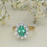 9ct Yellow Gold 1.24ct Oval Emerald & 0.80ct Diamond Halo Cluster Ring