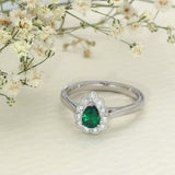 Platinum Pear Cut Emerald & Diamond Teardrop Halo Ring
