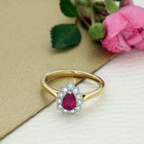 18ct Yellow Gold Pear Cut Ruby & Diamond Teardrop Milgrain Halo Ring