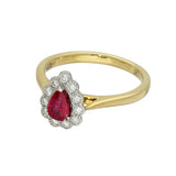18ct Yellow Gold Pear Cut Ruby & Diamond Teardrop Milgrain Halo Ring
