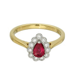 18ct Yellow Gold Pear Cut Ruby & Diamond Teardrop Milgrain Halo Ring
