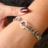 Silver 7" Hollow Concave Curb Bracelet with T-Bar Clasp