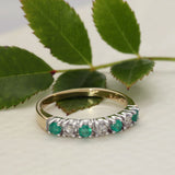 9ct Yellow Gold Emerald & Diamond 7 Stone Half Eternity Style Ring