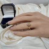 9ct Yellow Gold Oval Cabochon Yellow Opal & Diamond Halo Cluster Ring
