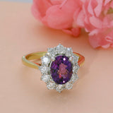 18ct Yellow Gold Oval Amethyst & Diamond Large Cluster Cocktail Ring