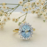 18ct Yellow Gold Oval Aquamarine & Diamond Large Cluster Cocktail Ring