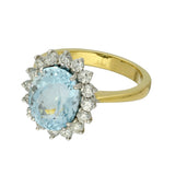 18ct Yellow Gold Oval Aquamarine & Diamond Large Cluster Cocktail Ring