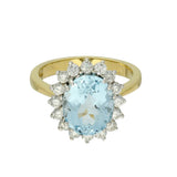 18ct Yellow Gold Oval Aquamarine & Diamond Large Cluster Cocktail Ring