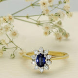 18ct Yellow Gold Oval Sapphire & Diamond Halo Cluster Ring