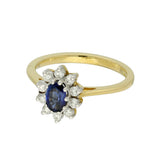 18ct Yellow Gold Oval Sapphire & Diamond Halo Cluster Ring