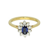 18ct Yellow Gold Oval Sapphire & Diamond Halo Cluster Ring