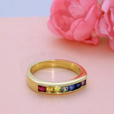 18ct Yellow Gold Square Cut Rainbow Sapphire Channel Set 7 Stone Ring