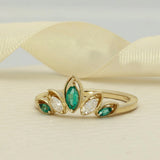9ct Yellow Gold Marquise Cut Emerald & Diamond Tiara Ring With Milgrain Edges